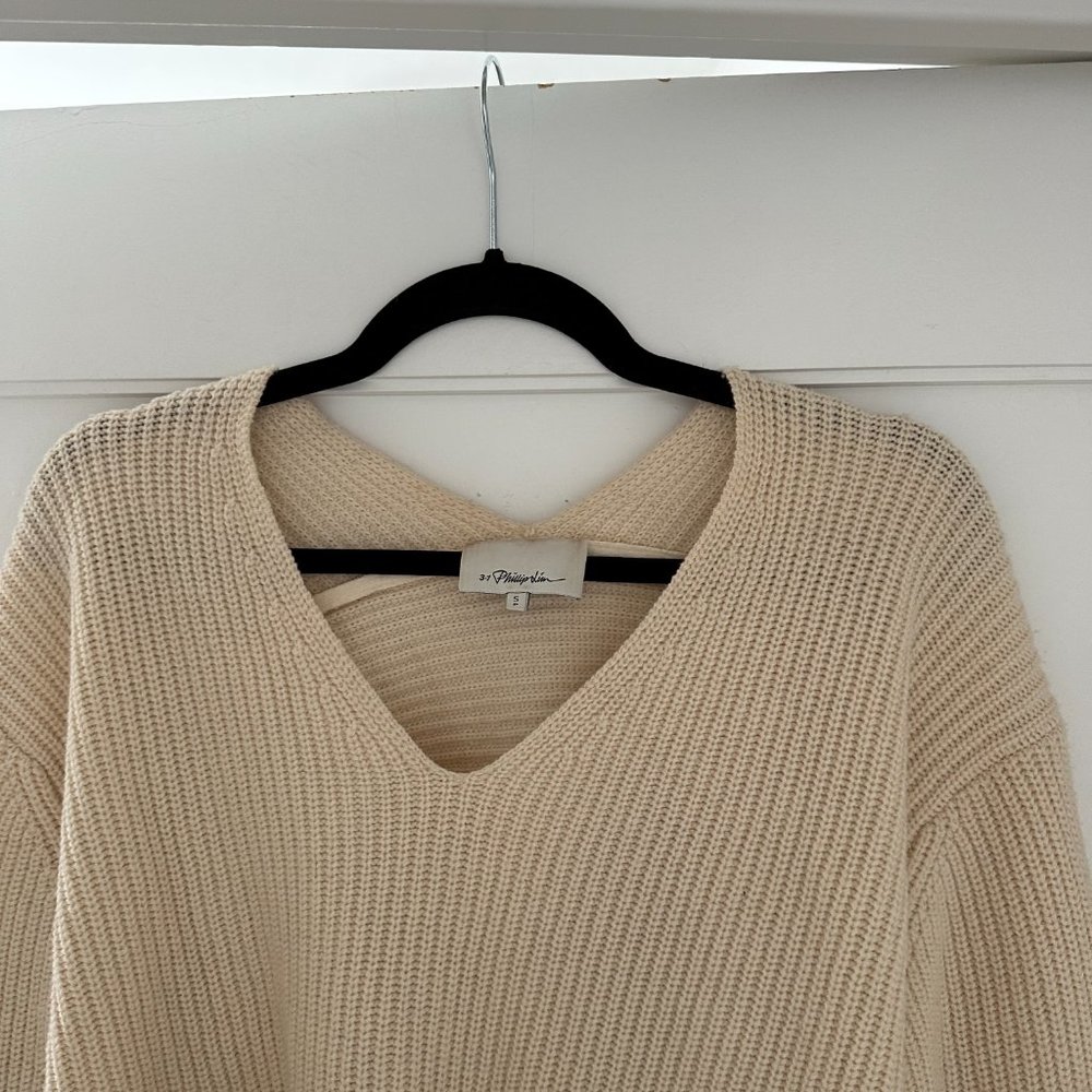 3.1 Phillip Lim Oversized Knit Sweater Tan Cropped Cut-out Back w/ String - Picture 5 of 11
